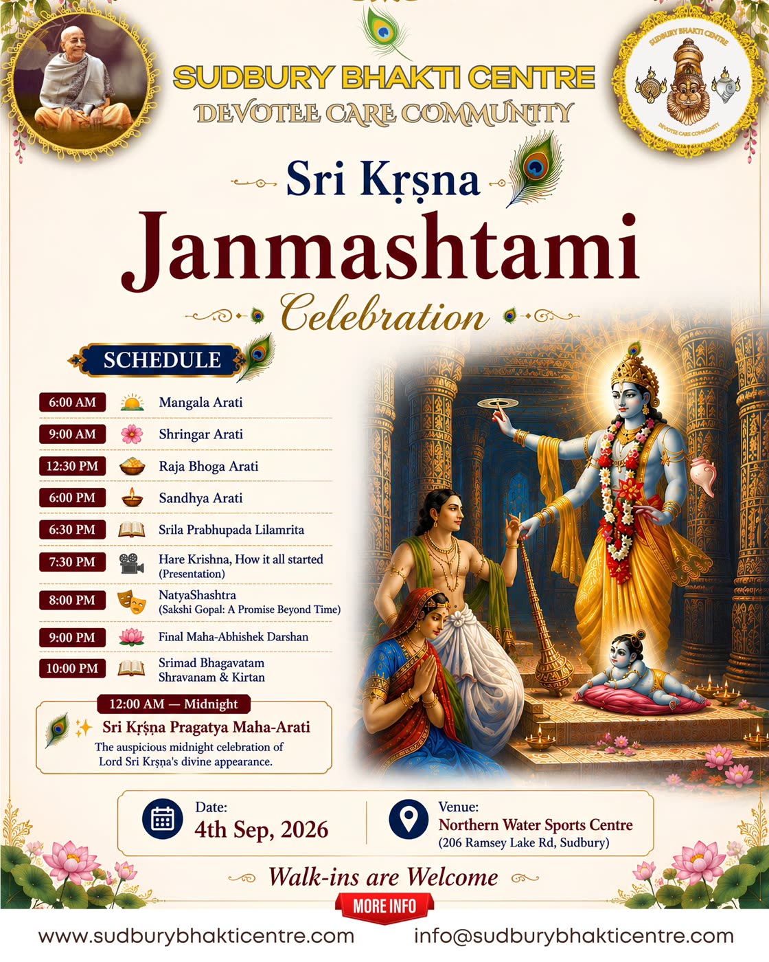 Sudbury Bhakti Centre's Śrī Kṛṣṇa Janmāṣṭamī 2026 banner with the day's schedule