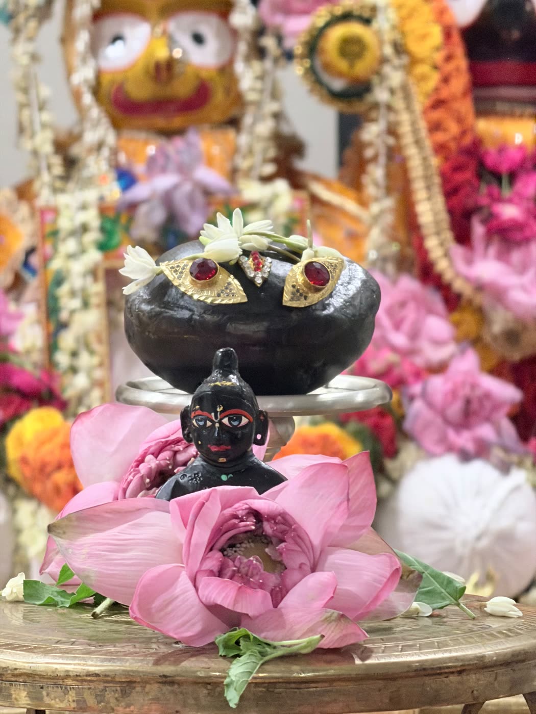 The Lord seated on a pink lotus for His abhiṣeka